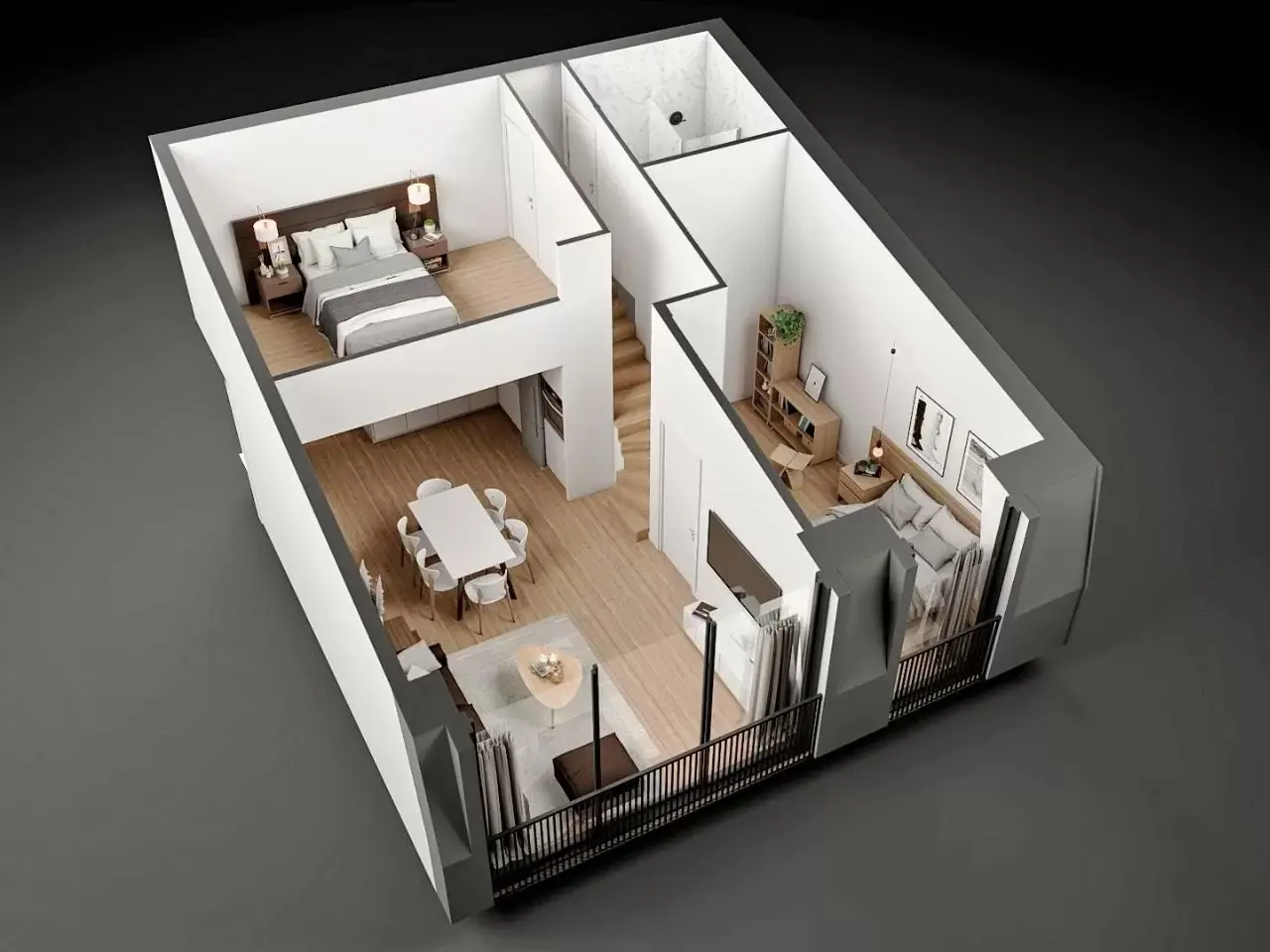 Vue 3D en coupe d'un duplex contemporain — conception 3D YASMINA HOME